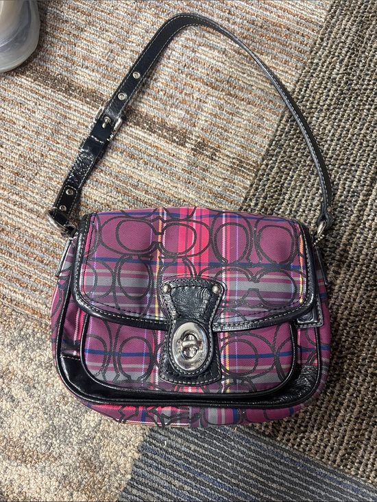 Coach Handbags - Coach Pink Plaid Signature Turn-Lock Shoulder Bag